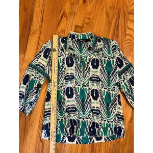 Liza Byrd Womens M Turquoise Navy Blue Print Long Sleeve boho tunic top Ikat thumbnail 5