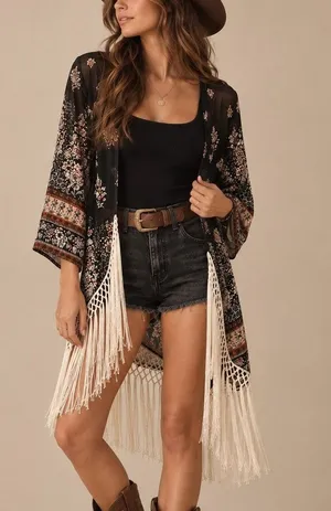 Abercrombie Boho Fringe Kimono Size XS Black Hippie Festival Coachella Western thumbnail 1