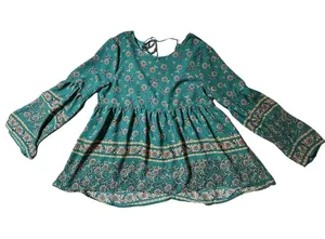 Altar'd State Teal Floral Boho Bell Sleeve Babydoll Peasant Top Medium thumbnail 1