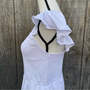 LEANI White Ruffle Smocked Babydoll Lined Tiered Mini Dress Size L thumbnail 4