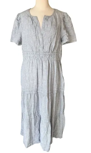 Quince 100% European Linen Tiered Maxi Dress Blue Pinstripe thumbnail 1