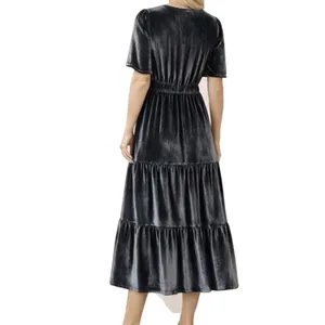 Spartina 449 Velvet Maxi Dress Medium Gray Tiered Short Sleeve V‎ Neck Boho thumbnail 2