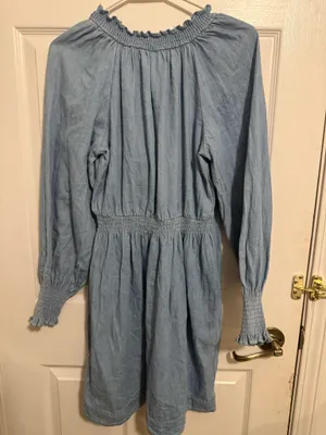 Old Navy XS Blue Chambray Smocked Tie-Neck Long-Sleeve Boho Dress thumbnail 3