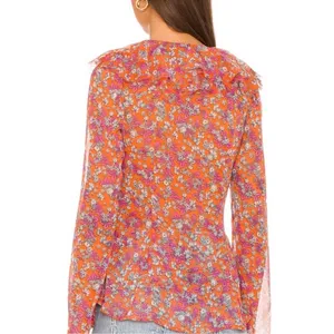 NEW NWT Free People nina printed top in tulip ditsy orange floral bell sleeve thumbnail 3