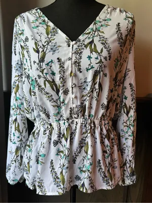 Worthington White Blouse with Teal and Yellow Floral Print thumbnail 1