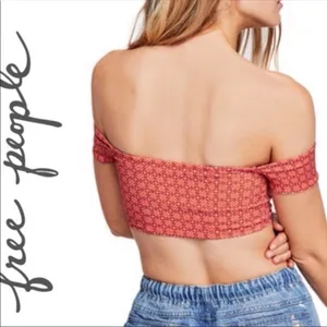 Free People Coral Pink Off The Shoulder Notch V-Neck Crop Top Geometric Boho SM thumbnail 4