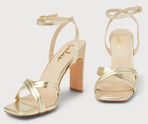 Lulus Milanii Square Toe Ankle Strap High Heel Sandals Metallic Gold 10 thumbnail 1