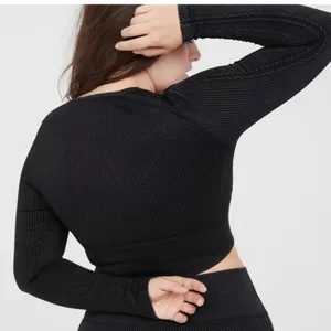 Offline By Aerie Seamless Cable Square Neck Ribbed Shirt Black Fall Sport NEW XL thumbnail 4
