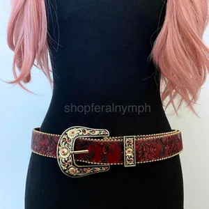 Red Floral Embossed Rose Buckle Western Y2K Belt, Fits 32.5-41 Inches, X7GA1290 thumbnail 1