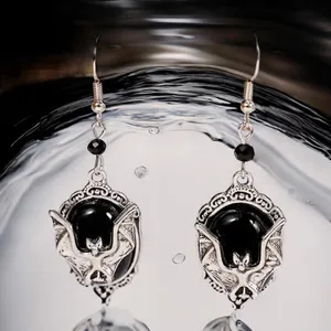 Gothic Bat Cameo Vintage Style Synthetic Black Silver-Plated Alloy Drop Earrings thumbnail 2