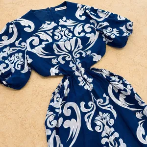 Abercrombie & Fitch Dress XS Blue Waist Cutout Damask Puff Sleeve Maxi Midi Boho thumbnail 5