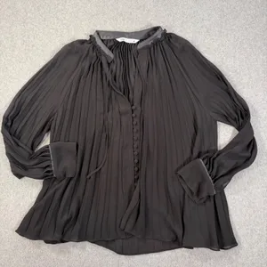 Zara Black Sheer Pleated Blouse Women's Medium Faux Leather Collar Button V-Neck thumbnail 2