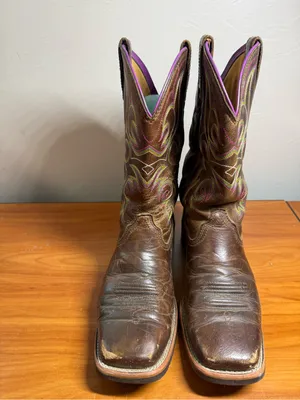 Ariat Womens Square Toe Dark Brown Cowgirl Boots Leather Western Purple Trim 8.5 thumbnail 3