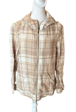 Eddie Bauer Linen Plaid Zip Up Hooded Jacket Size Large Tan Brown Orange thumbnail 1