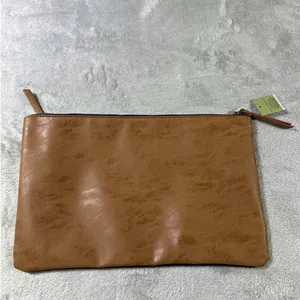 Vegan Leather Cosmetic Pouch Tan Zip Clutch Travel Makeup Organizer Bag NWT thumbnail 3