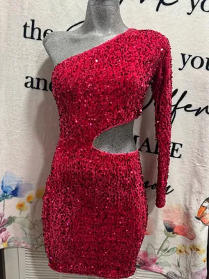 Sexy Sequined Off Shoulder Party Mini Dress Pink Size XS thumbnail 4