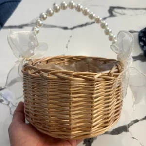 Flower girl Elegant Pearl Handle Wicker Basket thumbnail 1