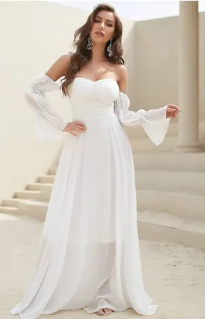 White Off Shoulder Flounce Sleeve Ruched‎ Chiffon Maxi Dress Size Small thumbnail 1