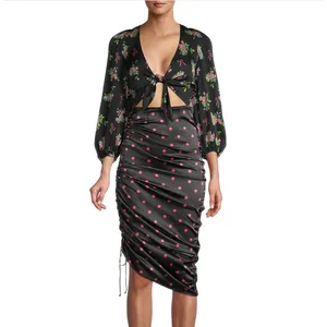 For Love‎ & Lemons Wilson Print Dress Small Black Floral Polka Dot Ruched Mini thumbnail 16