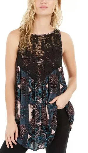 Free People Count Me In Trapeze Tunic Top Black Lace Pink Size Small‎ thumbnail 1