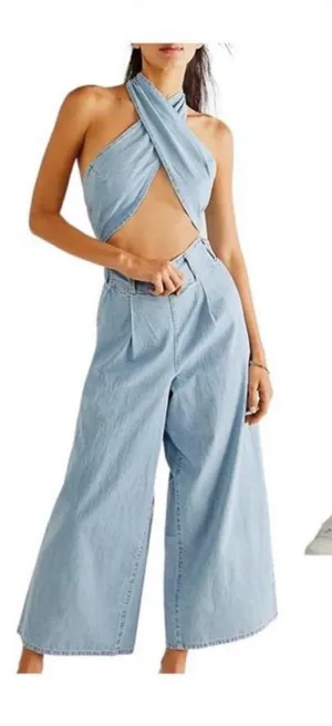 NWT Free People Size LARGE Sasha Convertible Wide Leg Jeans Pocket Jumpsuit thumbnail 1