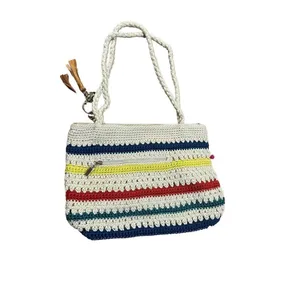 The Sak Crocheted Shoulder Bag‎ Medium Handbag Stripes with pink pom pom row thumbnail 2