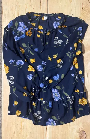 Old Navy Women Navy Blue‎ Floral Ruffle Tie Neck Peplum Long Sleeve Blouse Large thumbnail 1