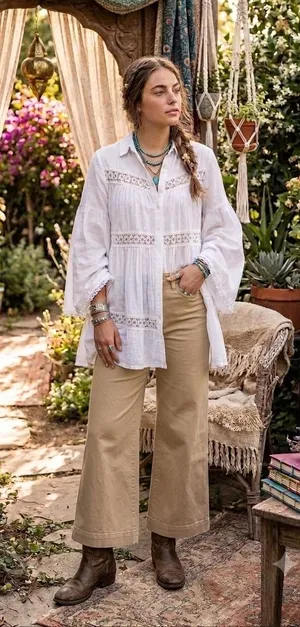 Boho White Tiered Button‎ Down Tunic Crochet Lace Bell Sleeve Top thumbnail 1