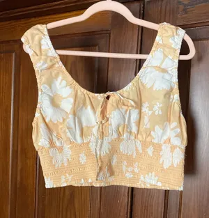 American Eagle Outfitters Orange Floral Smocked Crop Tank thumbnail 1
