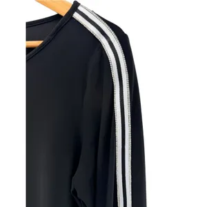 Coco Bianco Black Top M Rhinestone Sporty Stripe Flared Bell Sleeve Blouse NWT thumbnail 2