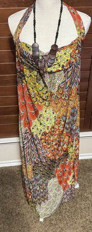 Colorful maxi dress‎ long stretchy sleeveless halter beaded neckline boho sz M thumbnail 1