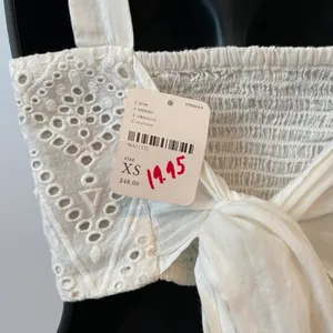 Free People Cotton Boho Coastal Eyelet Smocked Tie Back Crop Top XS Ivory thumbnail 5