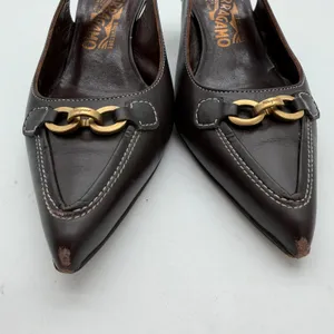 Salvatore Ferragamo Acribia Slingback Kitten Heels Chocolate Brown Gold 7.5 thumbnail 6