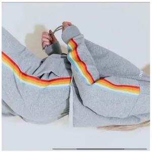 Kittenish Grey Cropped Sweatshirt Rainbow Stripe Sleeve Lounge‎ Athleisure M thumbnail 2