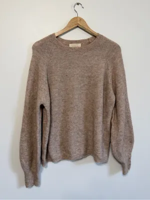 Sézane Louisa Jumper Sweater Size XL Tan Neutral Tan Balloon Sleeve Button Crew thumbnail 2