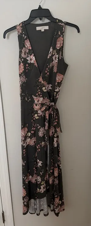 LOFT Black Wrap Dress with Pink Floral Pattern thumbnail 1
