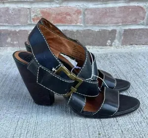 Frye Amy criss cross black leather heels size 8 Block Strappy thumbnail 1