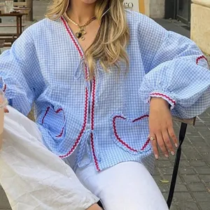 Med. Light Blue Med Gingham Long Sleeve Tie-Front Top with Red Heart Trim thumbnail 5
