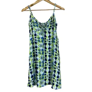 Aerie Floral Tie Dye Keyhole Mini Dress Blue Green Boho Smocked Size M thumbnail 2
