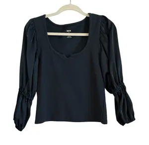 Anthropologie Maeve Blue‎ Ribbed Satin Tiered Balloon Sleeve Cropped Top Size S thumbnail 1