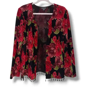 Dressbarn red floral open shirt jacket thumbnail 1