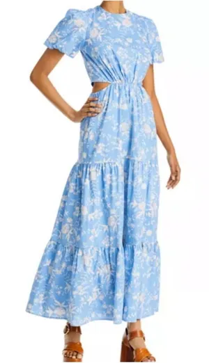 WAYF Plaza Cutout Puff Sleeve Cottagecore Floral Tiered Maxi Dress Blue White Sm thumbnail 1
