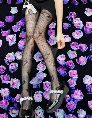 Heart Print Mesh Tights Black Sexy Cut Out High Waist Fishnet Pantyhose One Size thumbnail 2