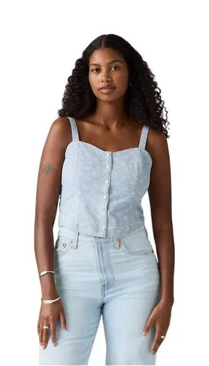 NWT Levi's Bustier Shirt Top Adjustable Straps 94417599 Blue Indigo Floral M thumbnail 1