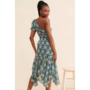 ASTR The Label Santorini Dress Medium Green‎ Blue Floral One Shoulder Midi thumbnail 3