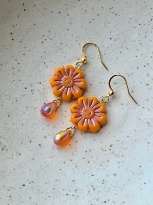 Handmade unique fairy retro cute Czech glass flower & teardrop dangle earrings🧡 thumbnail 5