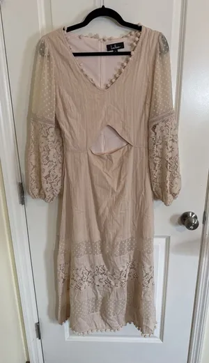 Lulus Modern Menagerie Lace Midi Dress Small Blush Swiftie Romantic Cut Out thumbnail 1