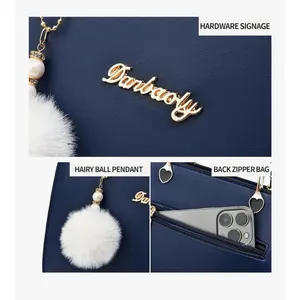 Navy Blue PU Leather Satchel Crossbody‎ Bag Heart Hardware Pom Pom Charm thumbnail 6