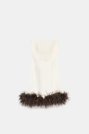 Zara Satin Mini Dress with Feather Hem in Cream thumbnail 8