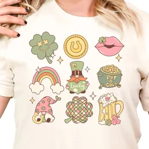 Comfort Colors ST PATRICKS Shirt Women Small Cream Gnome Lucky Retro Graphic Tee Trendy Boho thumbnail 4
